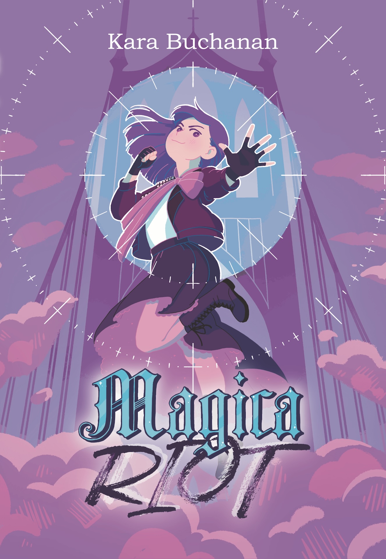 Cover for Magica Riot. A woman with a side bow, jacket, and midi skirt leaps into the air against a backdrop of Portland's bridge. Illustrated.